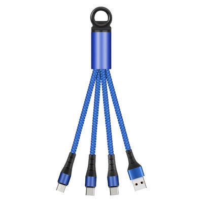 2.4A USB Charger Cable 14cm Fast Charging Nylon Braided 3 in 1 Keychain Data Cable